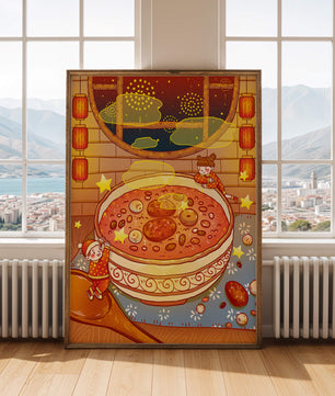 Scène festive et chaleureuse avec des enfants, un grand bol de soupe et des lanternes
