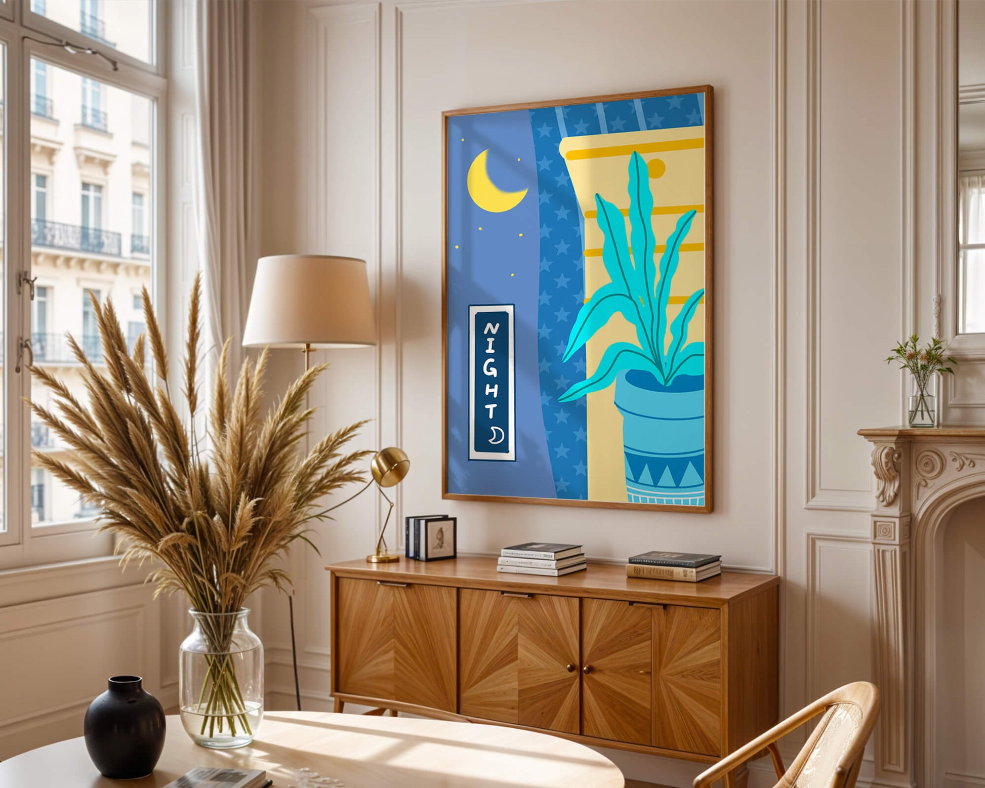 Nighttime plant illustration with crescent moon and starry background