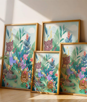 Playful Cat and Chicken in Vibrant Forest Scene Illustration