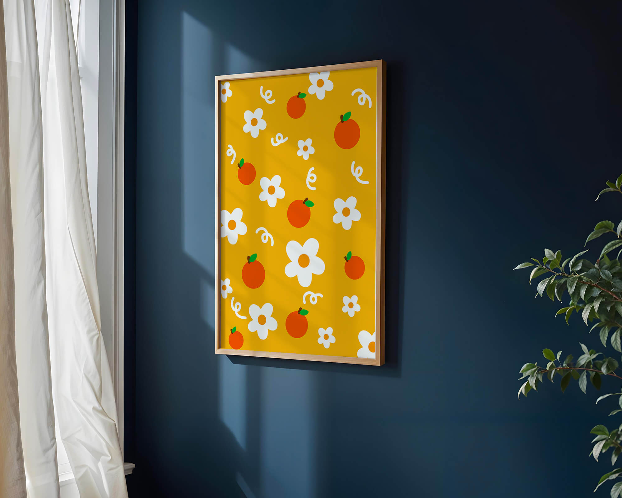 Playful floral and fruity pattern on a vibrant yellow background