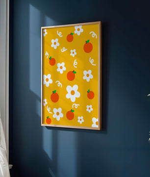 Playful floral and fruity pattern on a vibrant yellow background