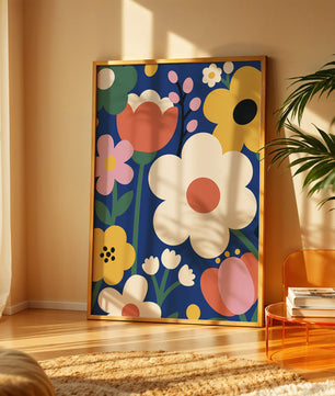 Colorful Floral Abstract Pattern On Dark Blue Background