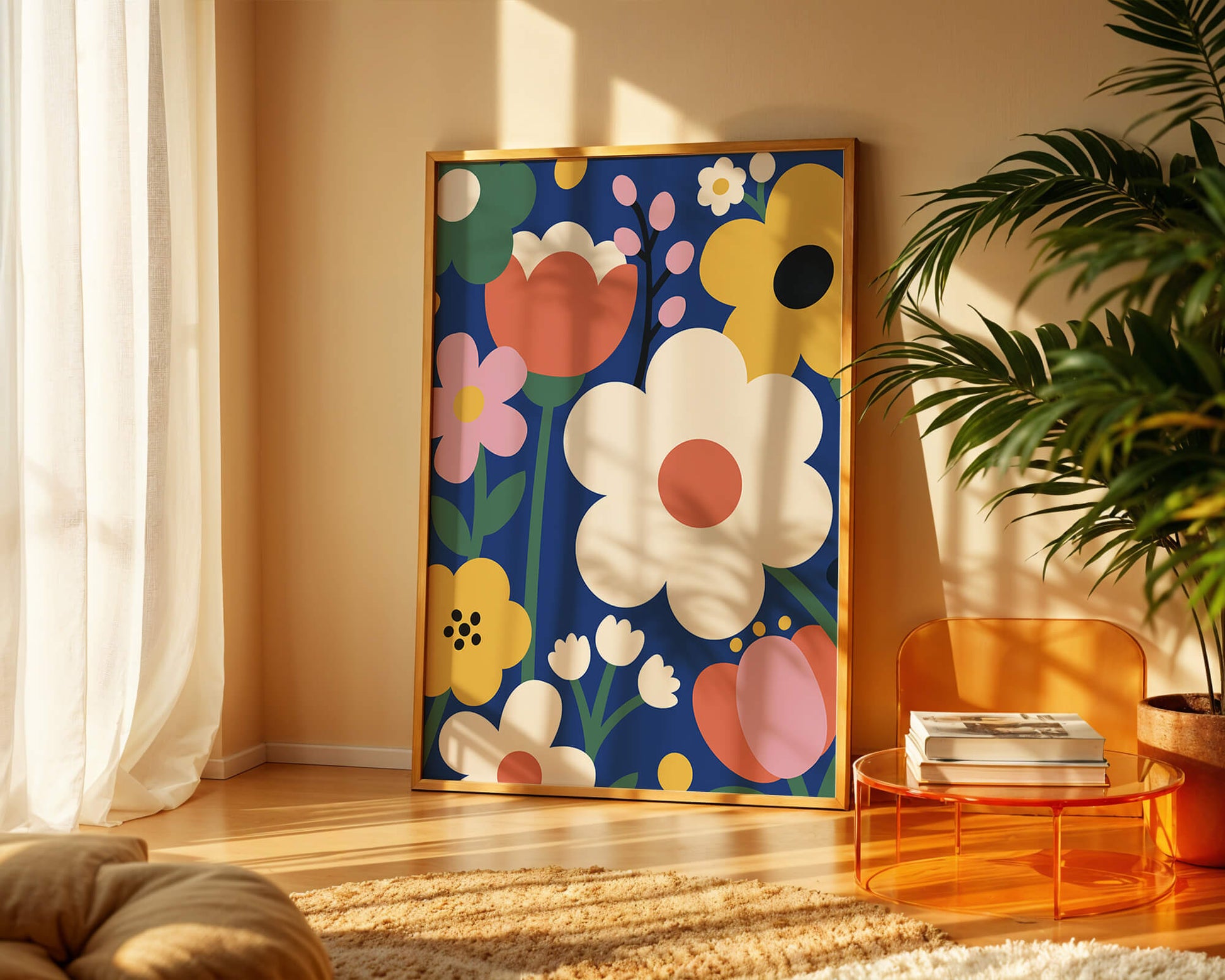 Colorful Floral Abstract Pattern On Dark Blue Background