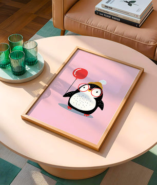 Ilustración adorable de un pingüino con globo y gafas