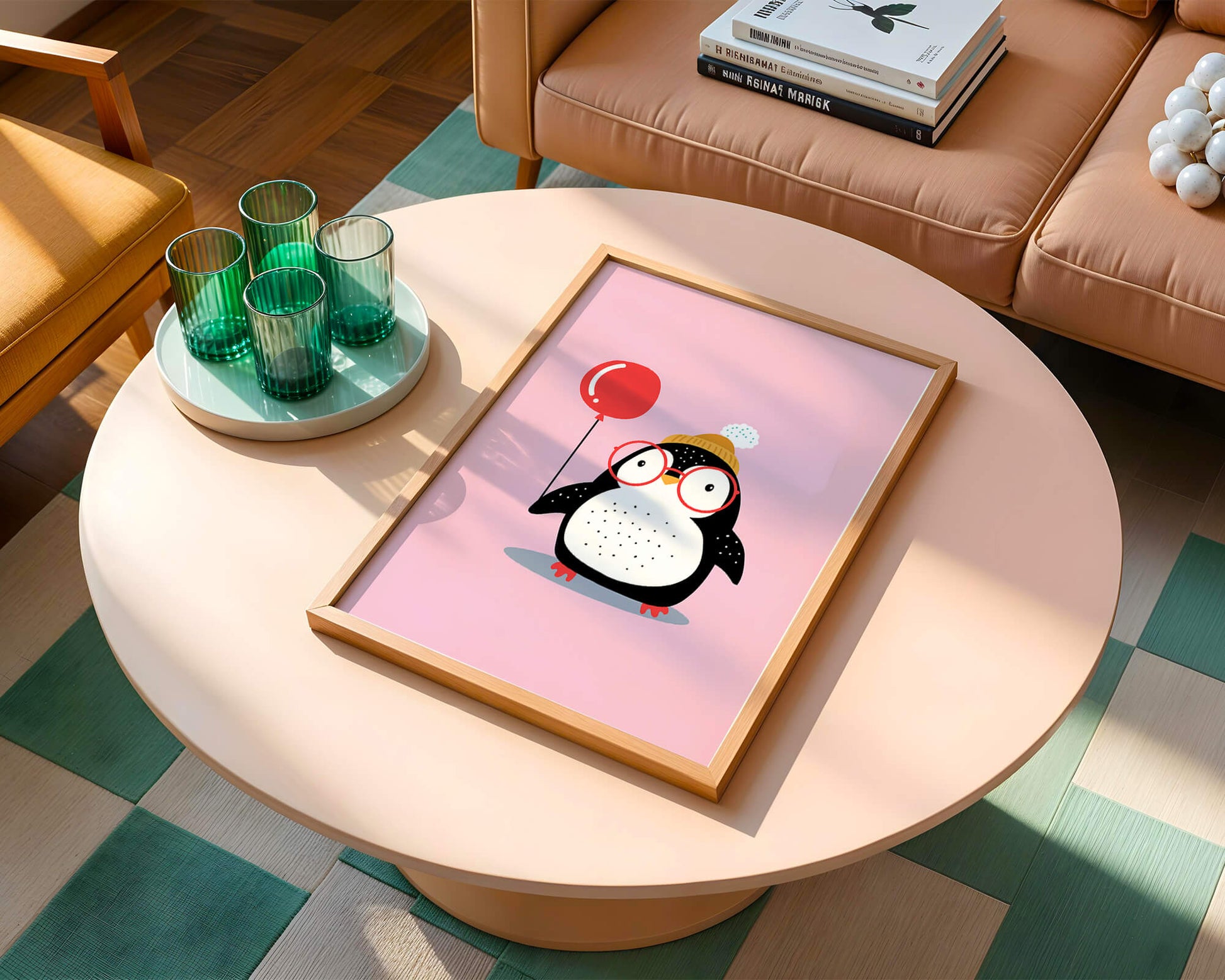 Adorable penguin with balloon and glasses illustration