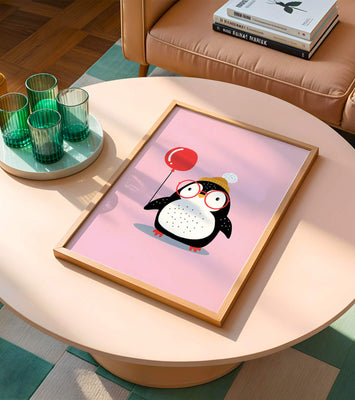Adorable penguin with balloon and glasses illustration