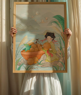 Paisaje sereno con una chica y una cesta de naranjas junto al agua