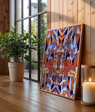 Arte tribal geométrico con colores vibrantes y patrones simétricos