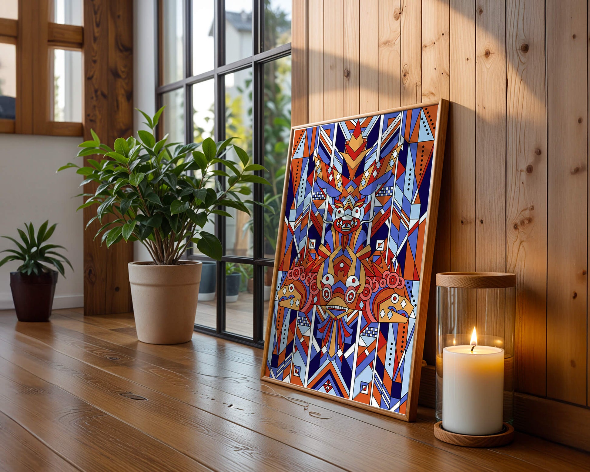 Arte tribal geométrico con colores vibrantes y patrones simétricos