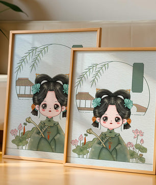 Charming illustration of a cute character in traditional Asian attire with floral elements