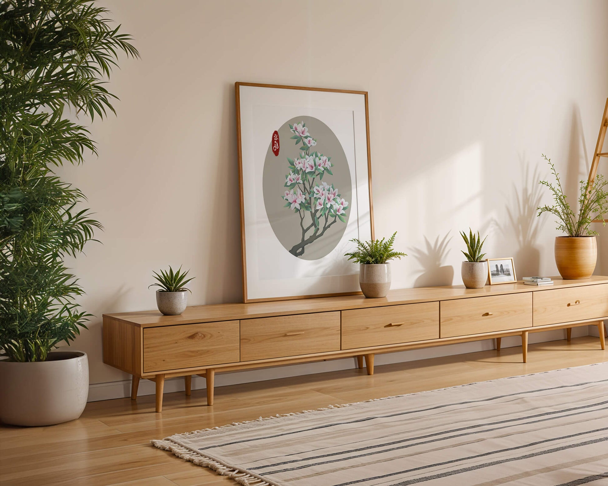 Obra floral delicada con magnolias en flor en estilo oriental
