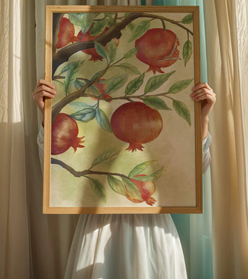 Watercolor illustration of pomegranates on a branch with leaves