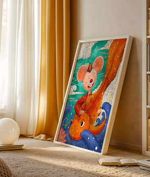 Whimsical illustration of a mouse riding a golden fish in a vibrant fantasy setting