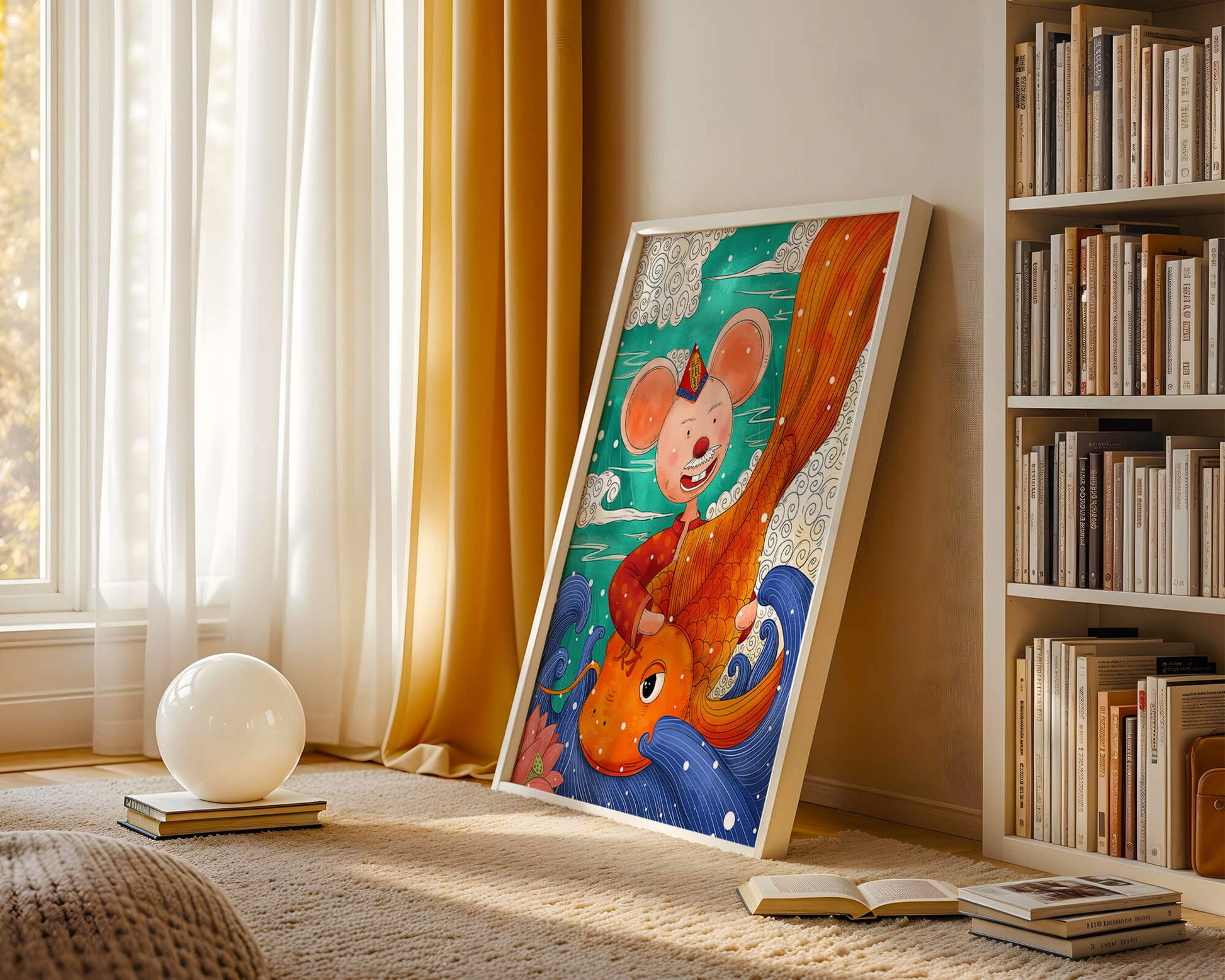 Whimsical illustration of a mouse riding a golden fish in a vibrant fantasy setting