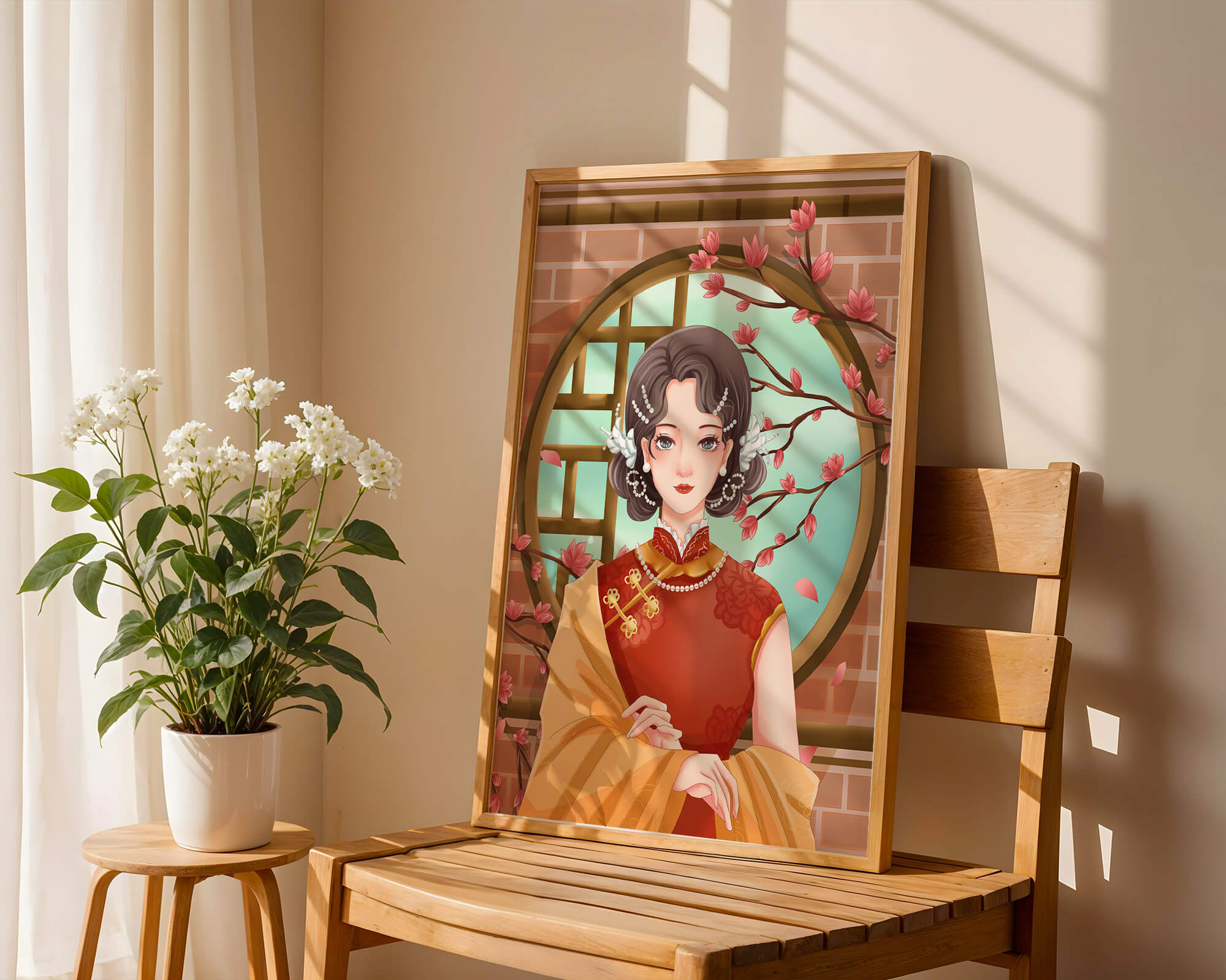 Elegant woman in traditional dress with floral background