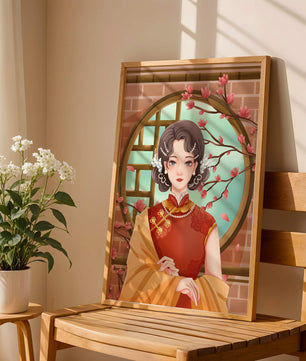 Elegant woman in traditional dress with floral background