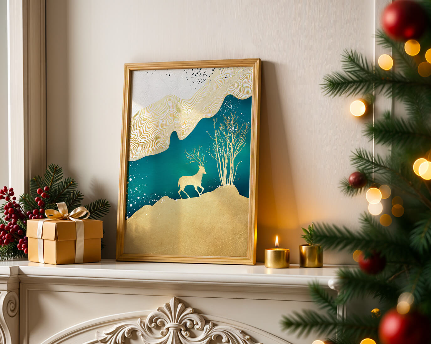 Elegante arte abstracto con ciervos dorados y temática de naturaleza.