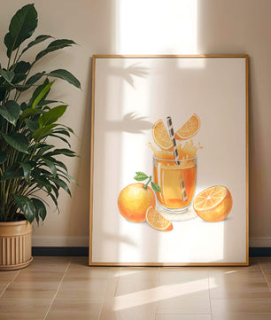 Illustration of a refreshing orange juice with fresh oranges and splash