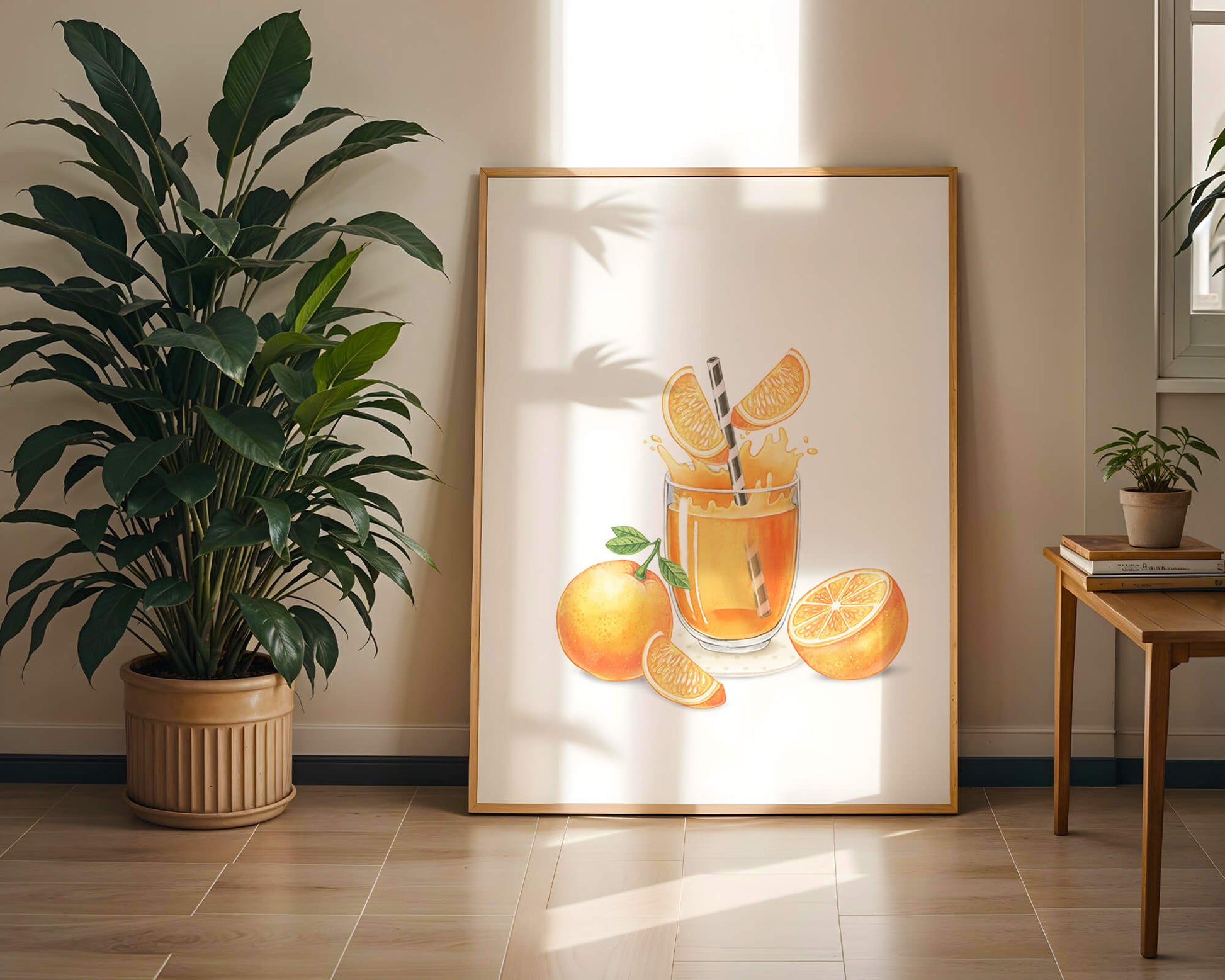 Illustration of a refreshing orange juice with fresh oranges and splash