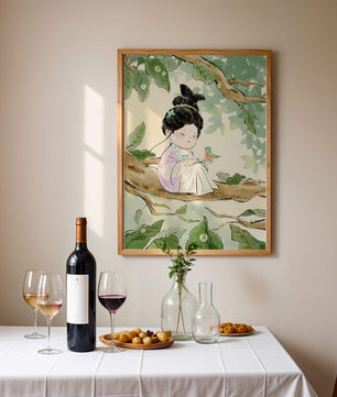Serene illustration of a girl with a bird in a tree