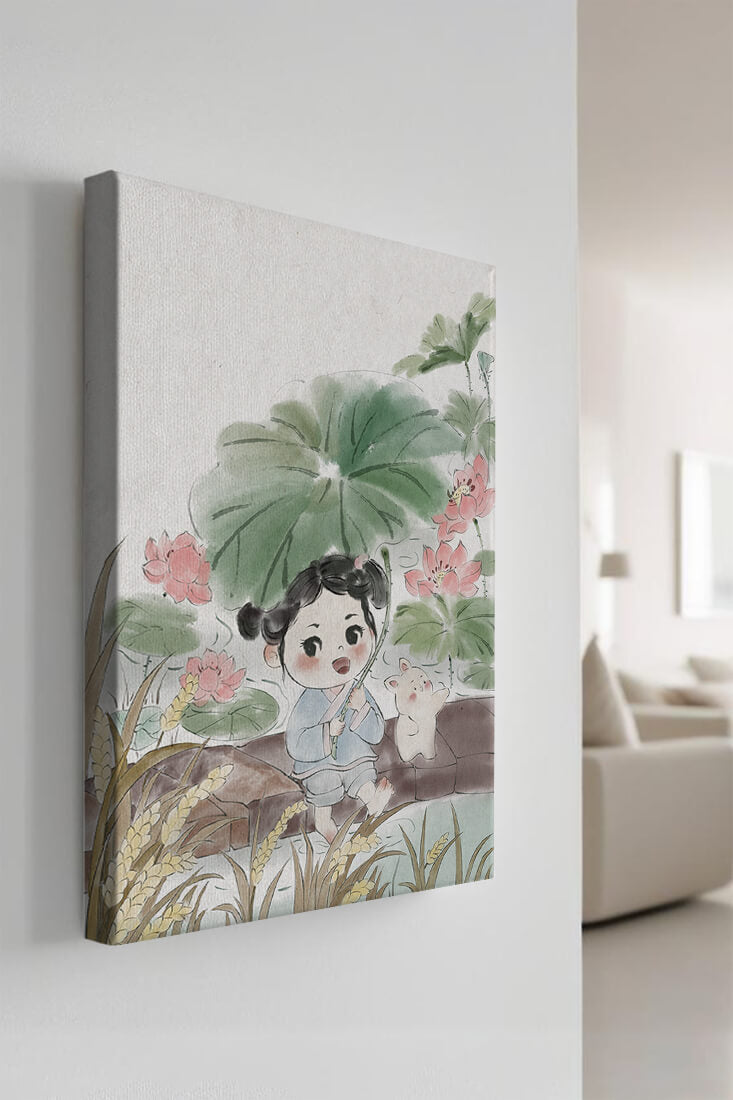 Charming illustration of a child with flowers and a bunny by the water