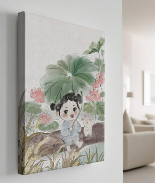 Charming illustration of a child with flowers and a bunny by the water