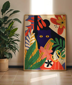Ilustración abstracta colorida con un gato y patrones florales
