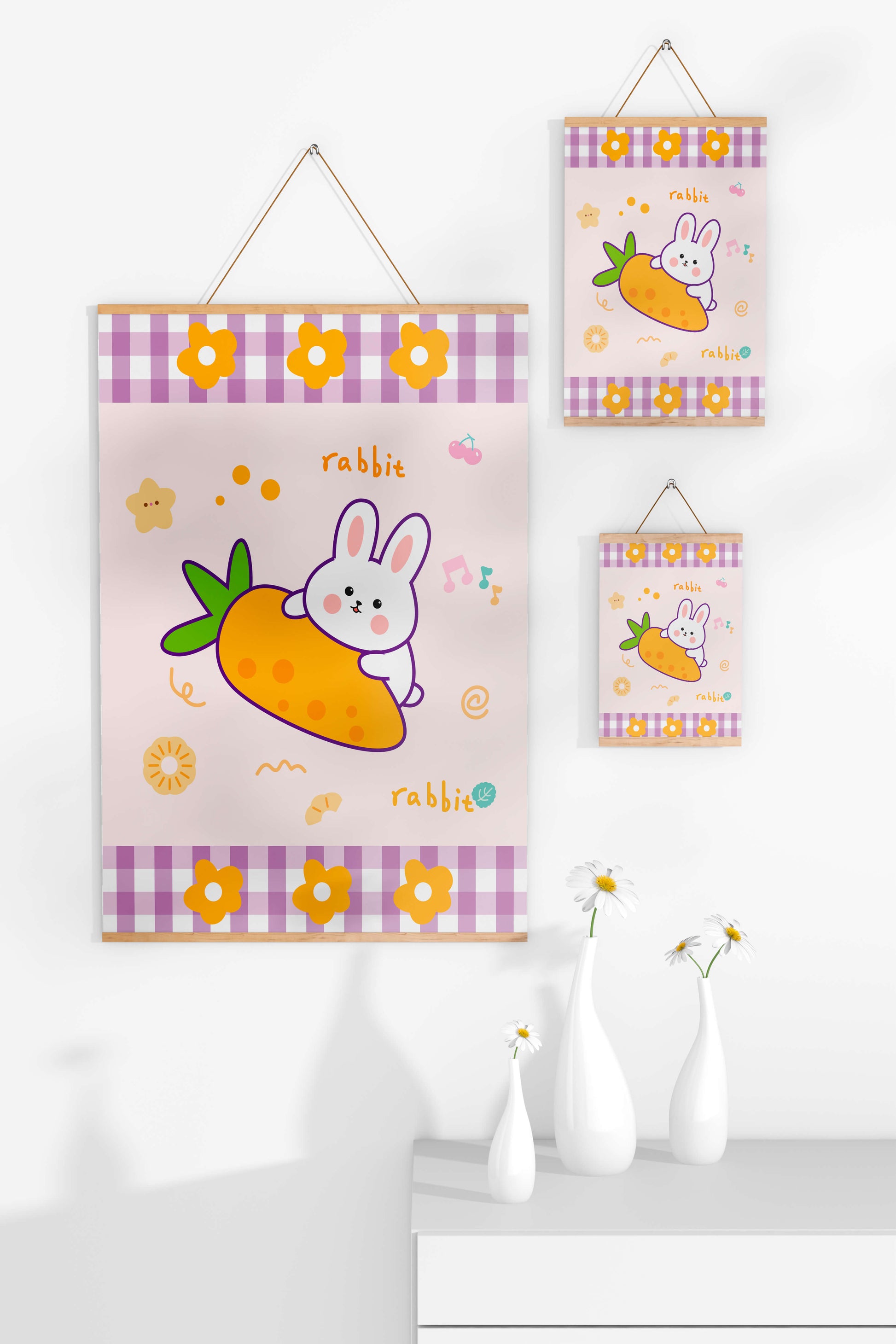 Illustrated cute rabbit with carrot on a colorful background