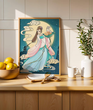 Traditional Asian-inspired artwork featuring a woman and rabbit under a moonlit sky