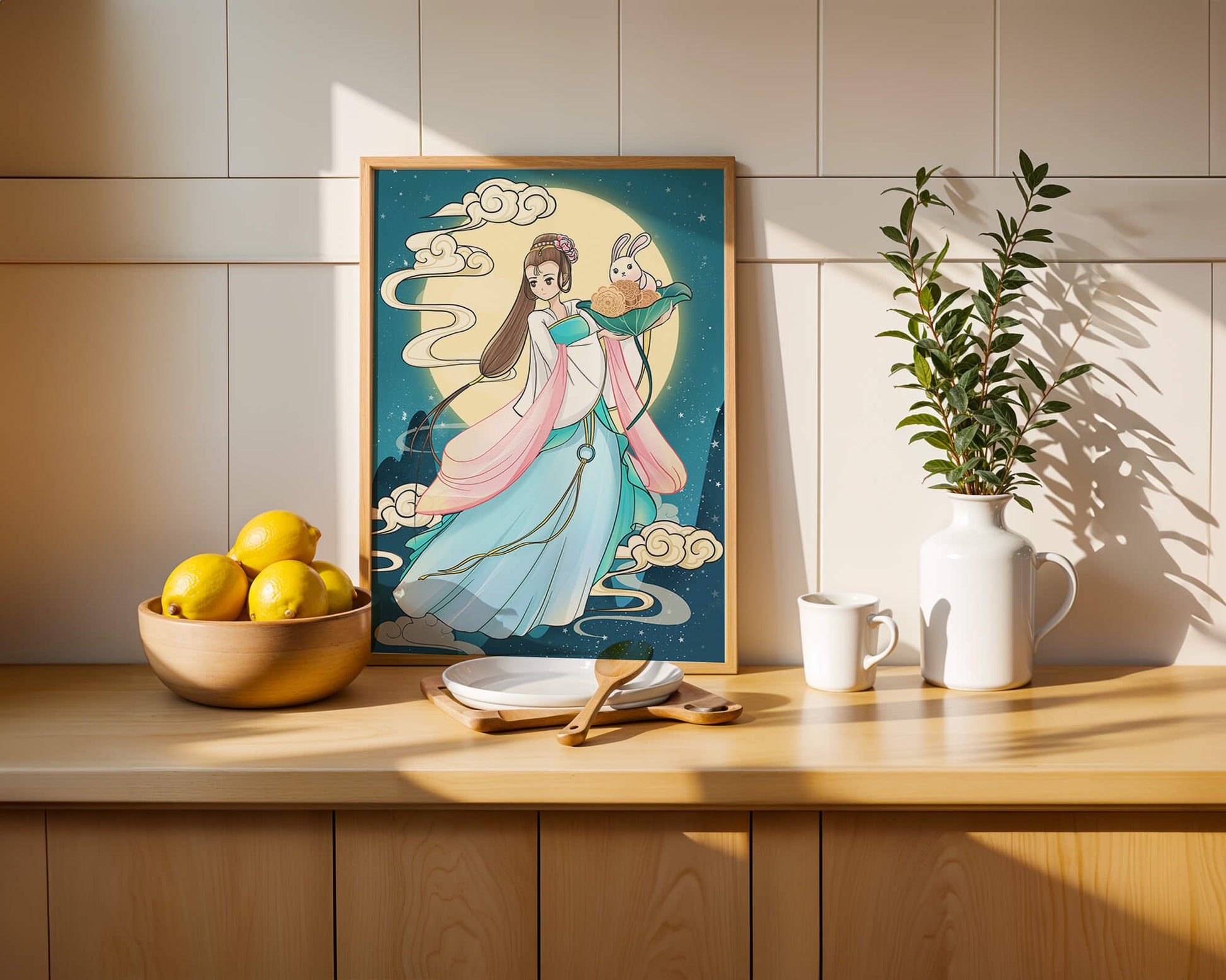 Traditional Asian-inspired artwork featuring a woman and rabbit under a moonlit sky