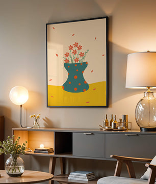Floral Illustration with Polka Dot Vase on Colorful Background - Mi tienda