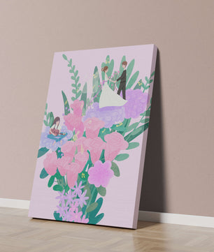 Whimsical wedding scene amidst colorful floral arrangement
