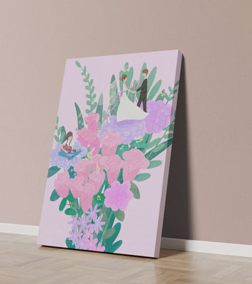 Whimsical wedding scene amidst colorful floral arrangement