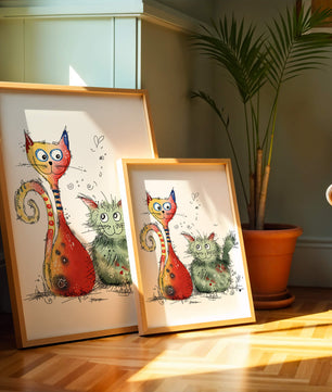 Ilustración artística colorida de dos gatos juguetones sobre fondo blanco