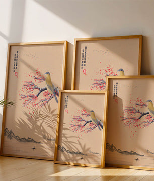 Traditional Chinese painting with bird and blossom branch over tranquil landscape