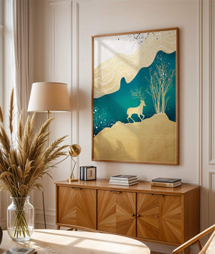 Elegante abstrakte Kunst mit goldenem Hirsch und Naturthema