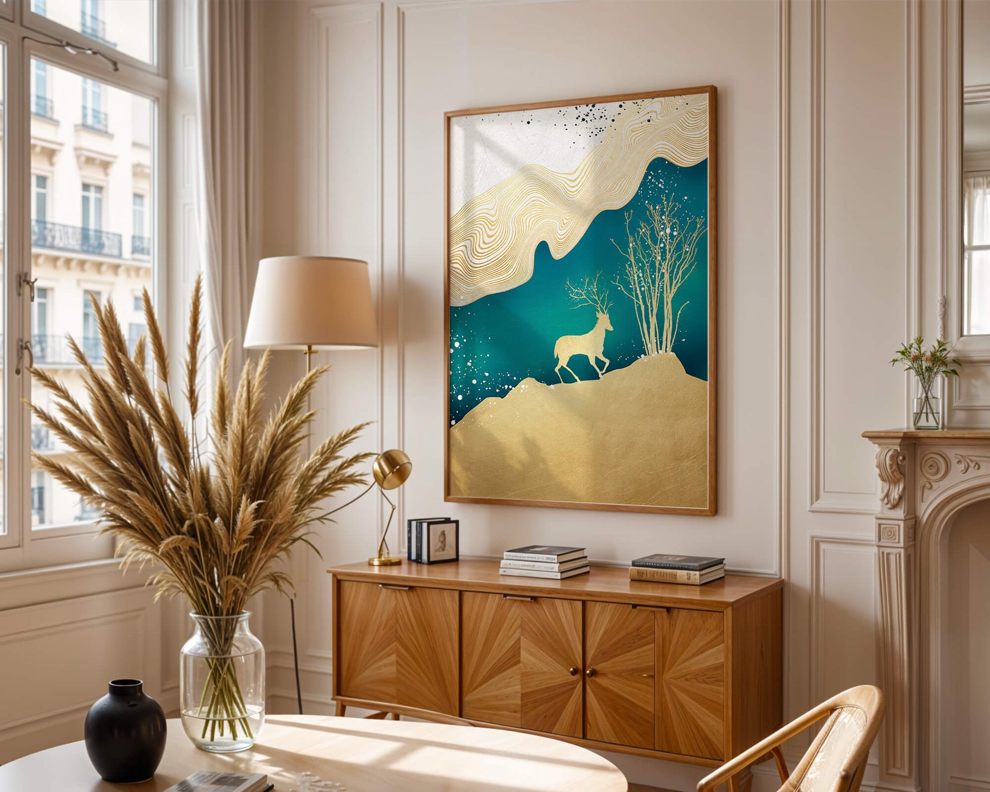 Elegante arte abstracto con ciervos dorados y temática de naturaleza.