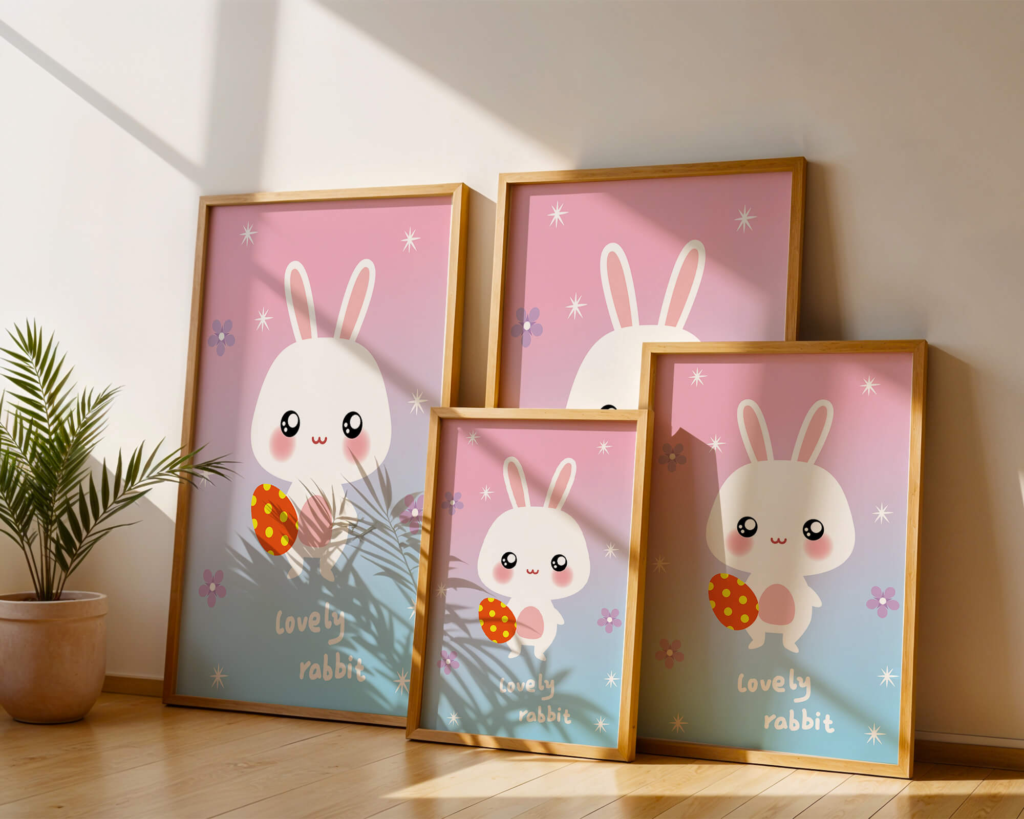 Adorable rabbit illustration with a colorful egg on a pastel background