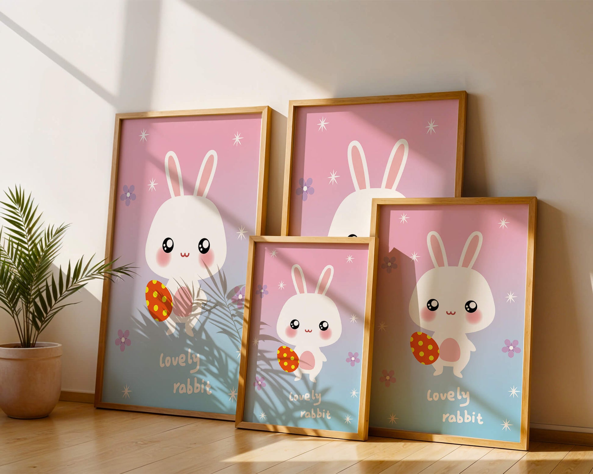 Adorable rabbit illustration with a colorful egg on a pastel background