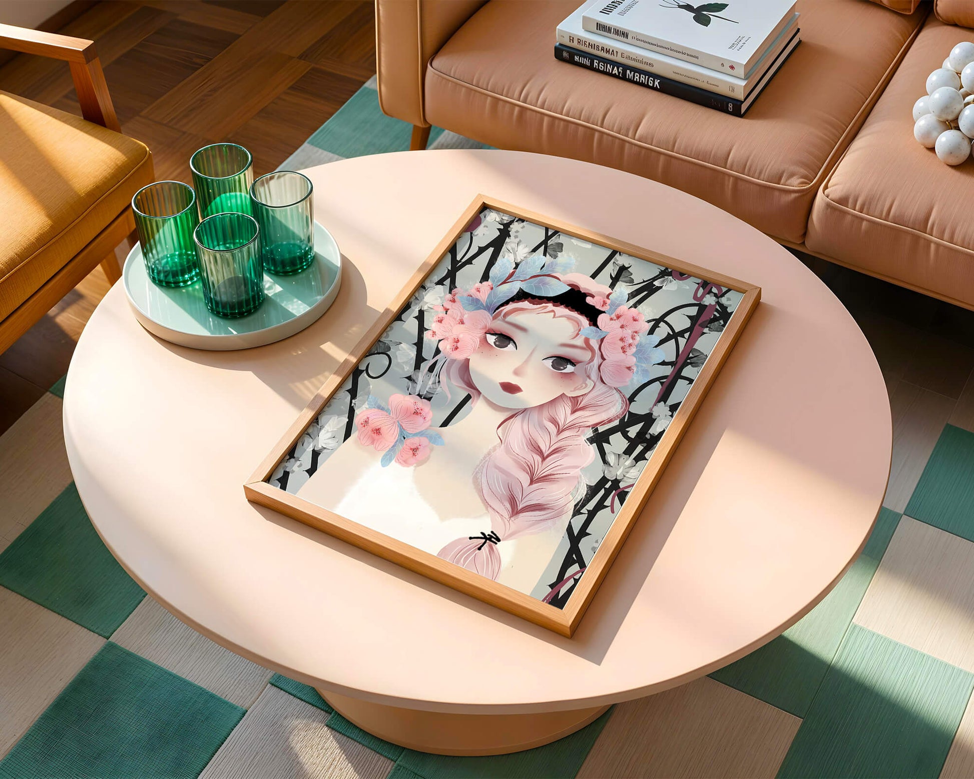 Whimsical illustration of a girl with pink hair and floral crown