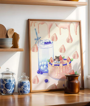 Escena de postre caprichosa con pastel y bebida con acentos juguetones