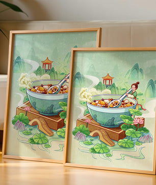 Illustration of a traditional Asian scene with large bowl and serene landscape