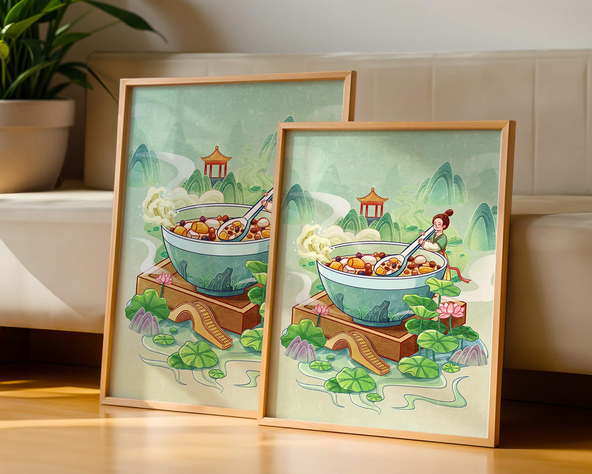 Illustration of a traditional Asian scene with large bowl and serene landscape