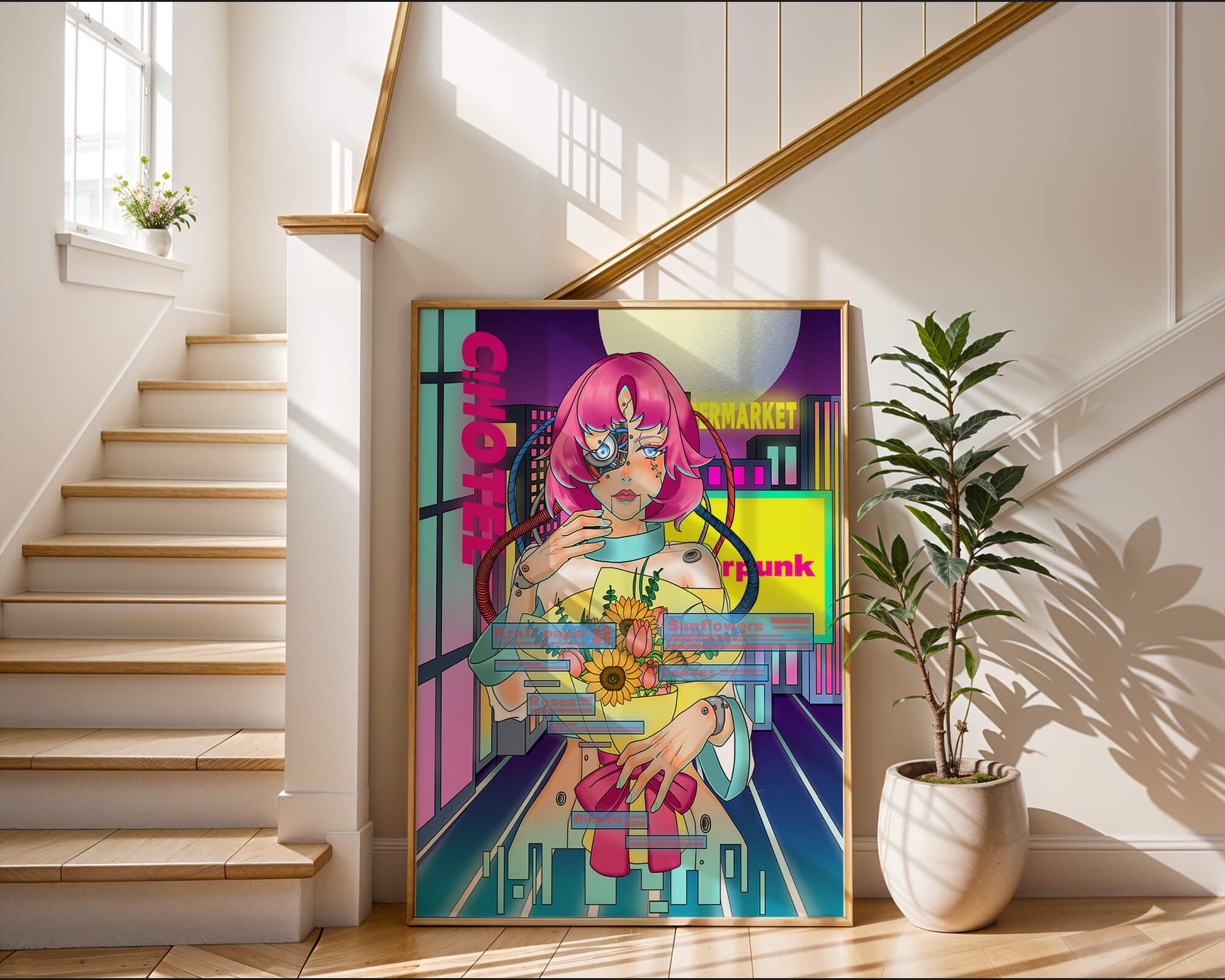 Futuristic cyberpunk woman with a bouquet of flowers in a neon cityscape
