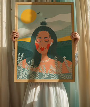 Portrait féminin abstrait et serein avec des éléments de nature