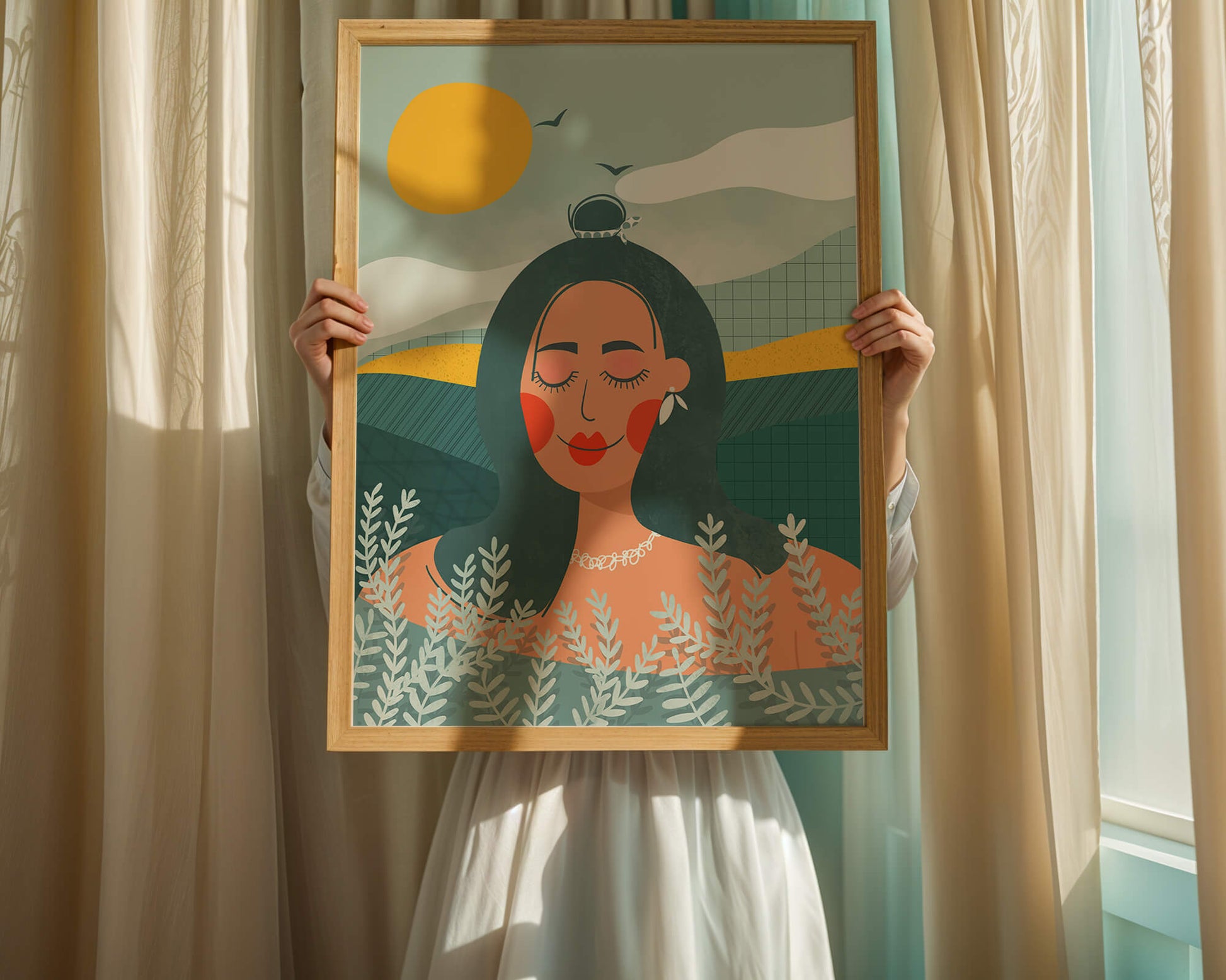 Portrait féminin abstrait et serein avec des éléments de nature
