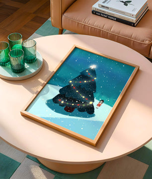 Winter scene with decorated Christmas tree and snowfall