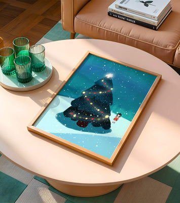 Winter scene with decorated Christmas tree and snowfall