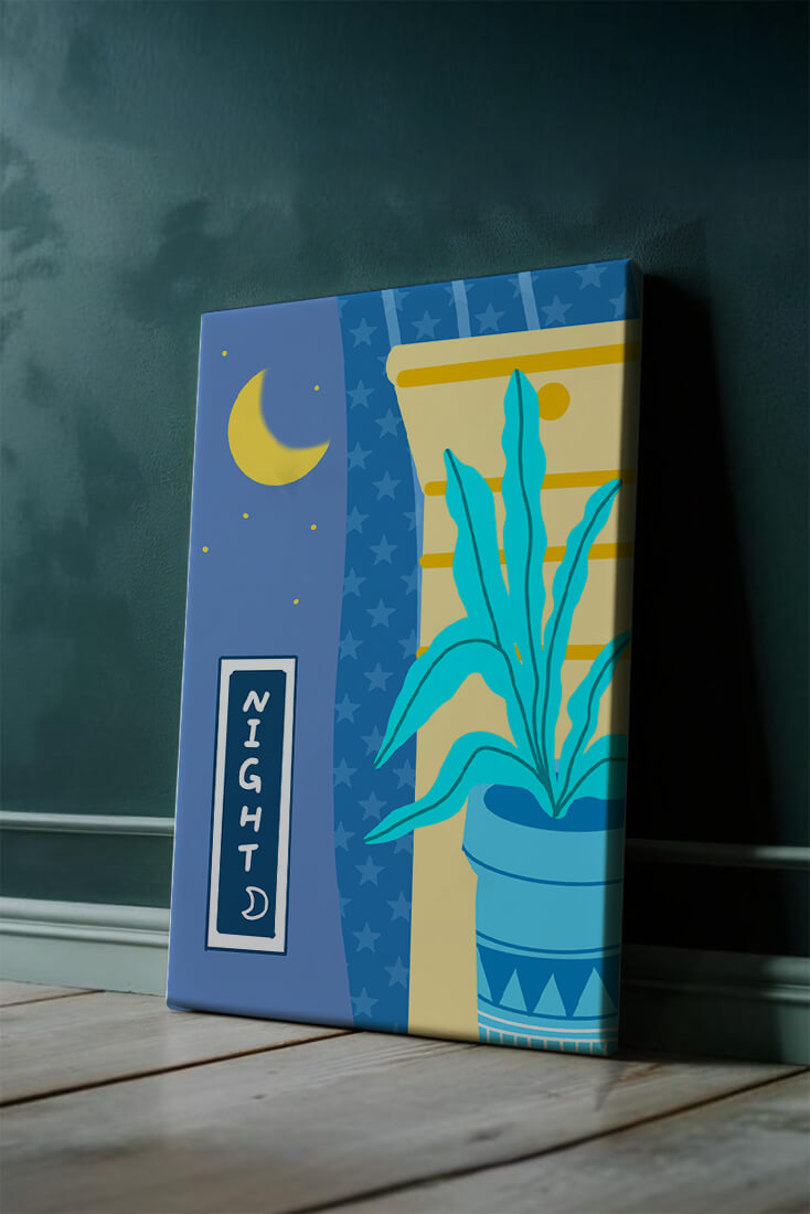Nighttime plant illustration with crescent moon and starry background
