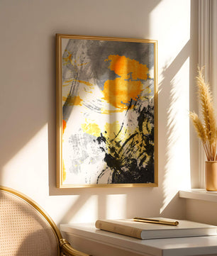 Abstract yellow and black watercolor splash with dynamic brushstrokes